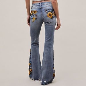free people x driftwood embroidered sunflower floral boho flare bell bottom jean